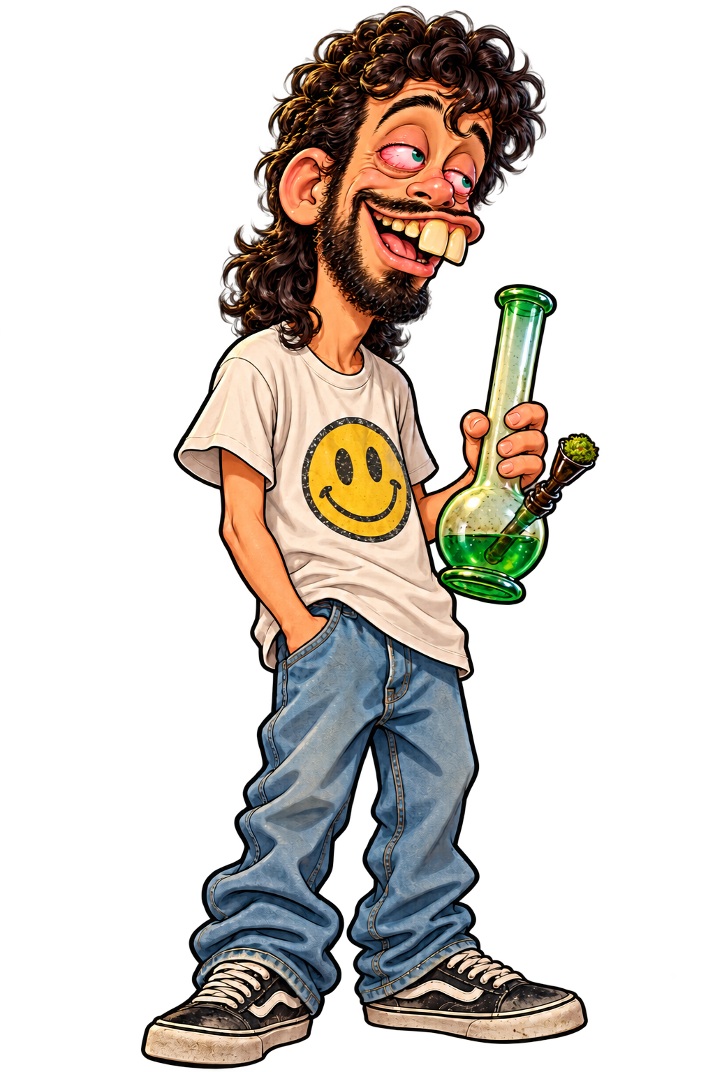 Playful cartoon illustration of Jordan in a smiley-face T-shirt, jeans, and sneakers, holding a green glass bong.